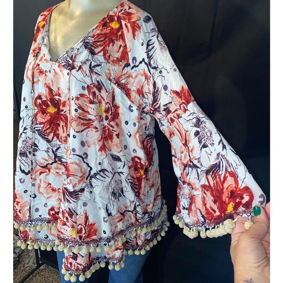 Soft Surroundings Blouse Floral Tassel POM POM trim boho festival Women medium - Picture 2 of 9
